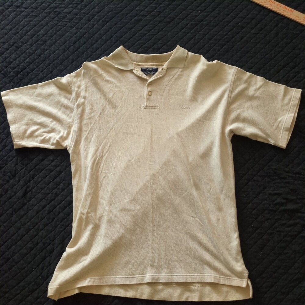 Guess Polo Classic Sportswear 1990s Mens XL Beige Short Sleeve Embroidered